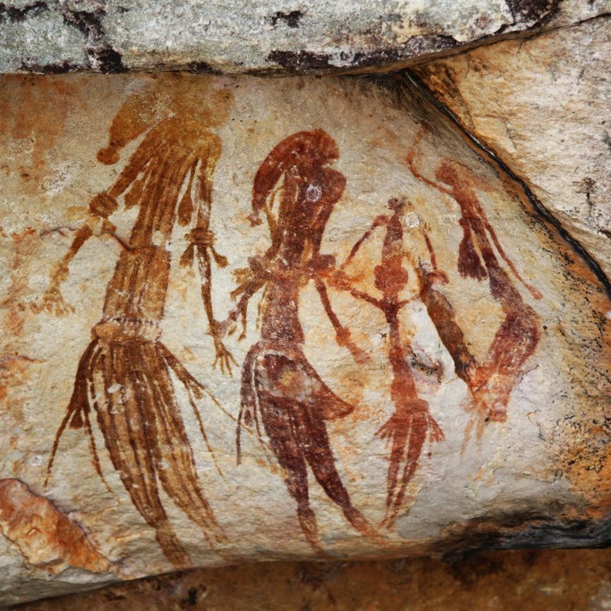 Cave paintings from Western Australia appear to show an ancient family dressed in traditional clothes. Cave paintings from Western Australia appear to show an ancient family dressed in traditional clothes.