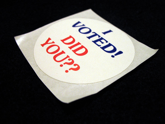 A lapel sticker with the message, "I voted. Did you??" A lapel sticker with the message, "I voted. Did you??"